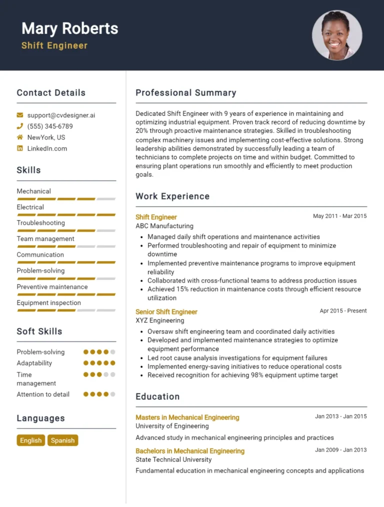 Shift Engineer CV Example For 2025: Samples & Best Practices