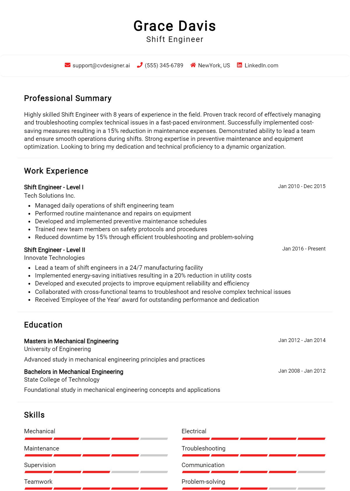 Shift Engineer Resume Example