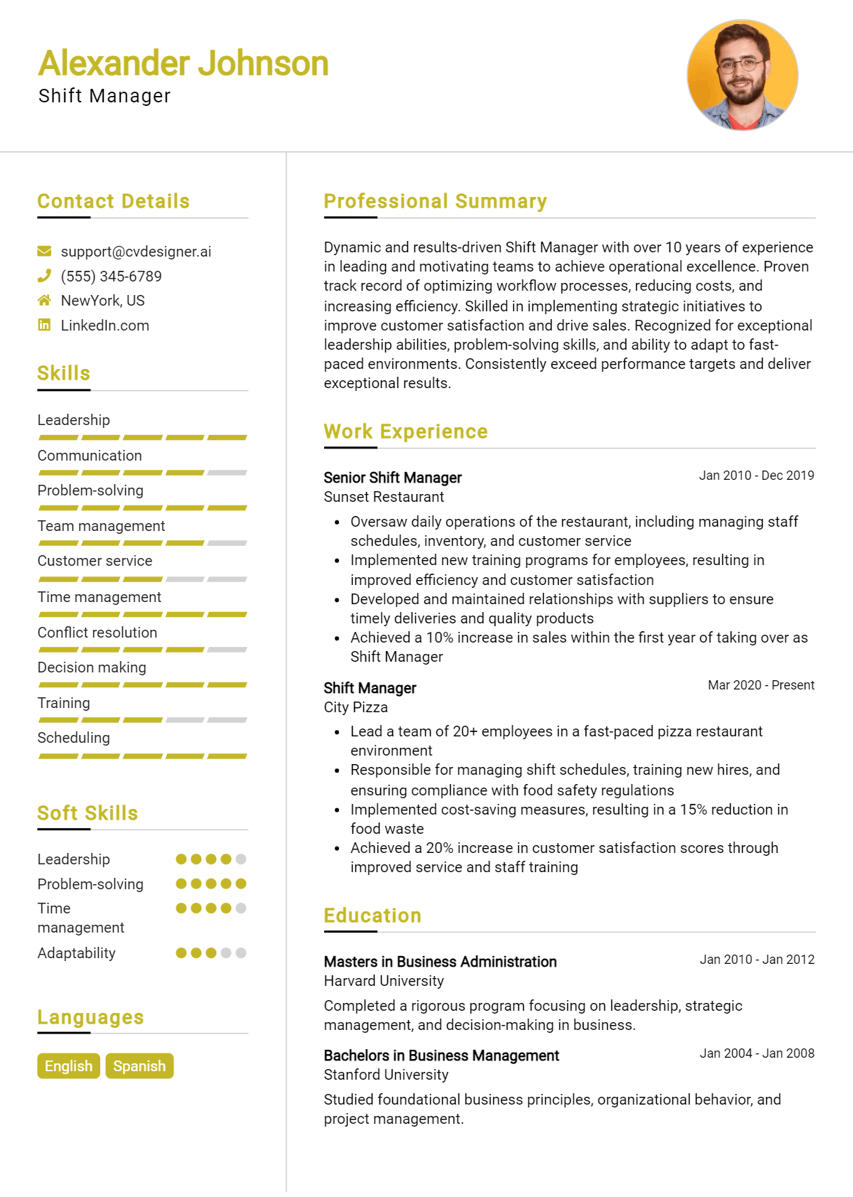 Shift Manager Resume Example