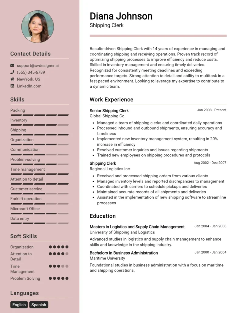 Shipping Clerk CV Example