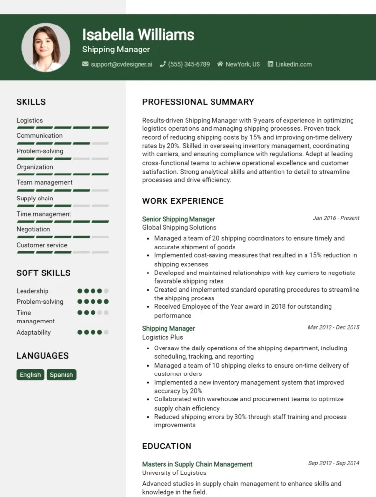 Shipping Manager CV Example For 2025: Ultimate Guide