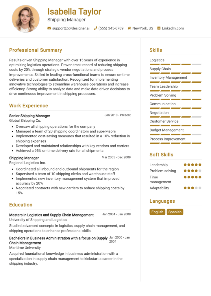 Shipping Manager Resume Example for 2024: Free Guide - CVDesigner.ai