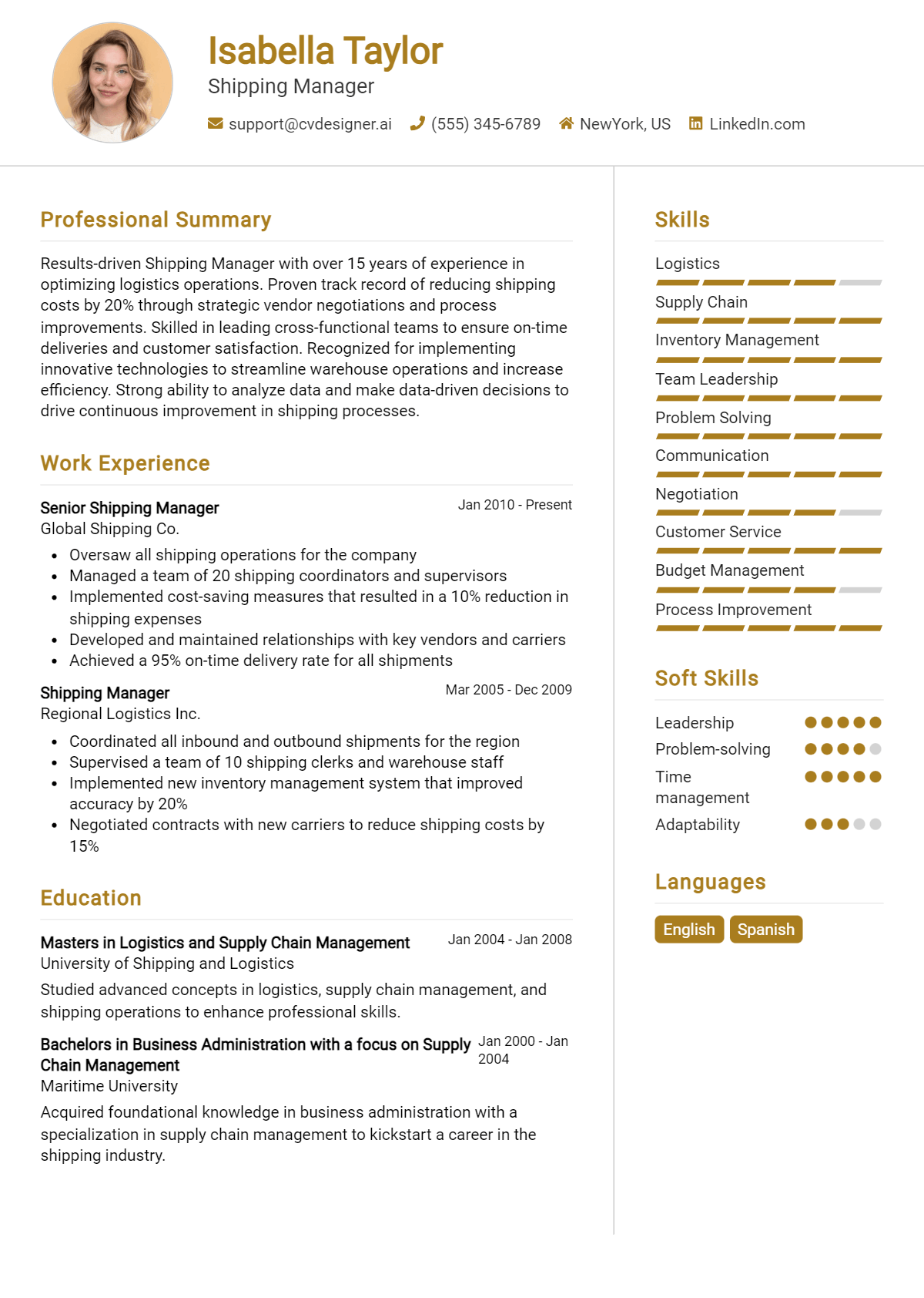 Shipping Manager Resume Example