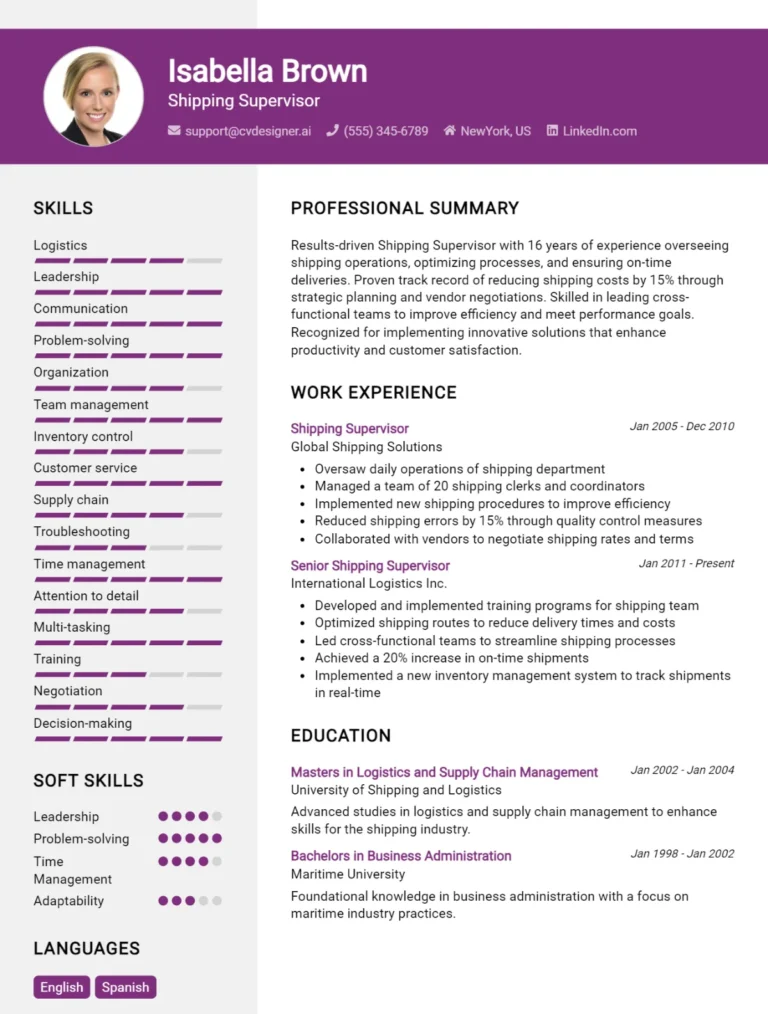 Shipping Supervisor CV Example For 2025: Best Writing Guide