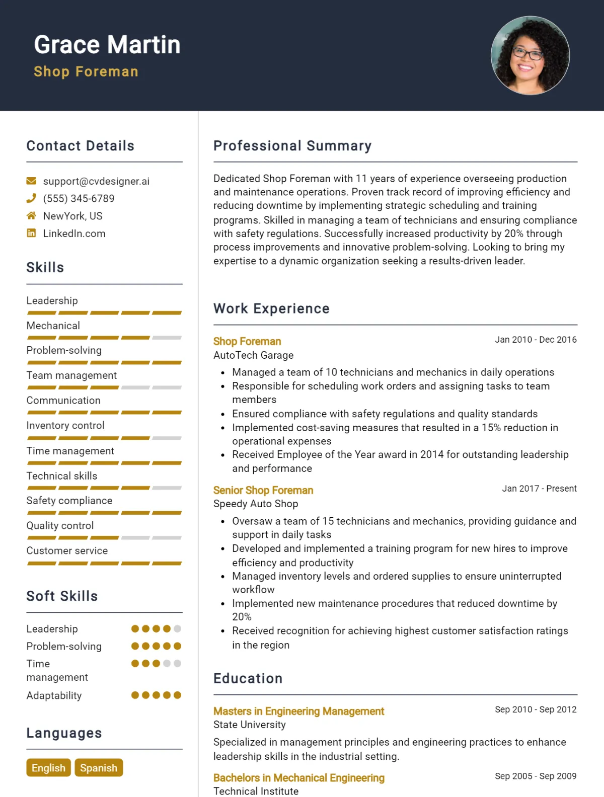 Shop Foreman CV Example