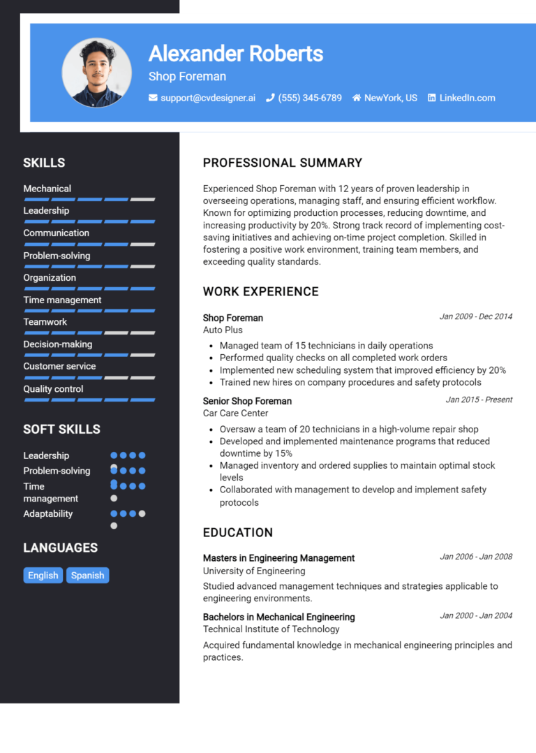 Shop Foreman Resume Example for 2025: Professional CV Templates