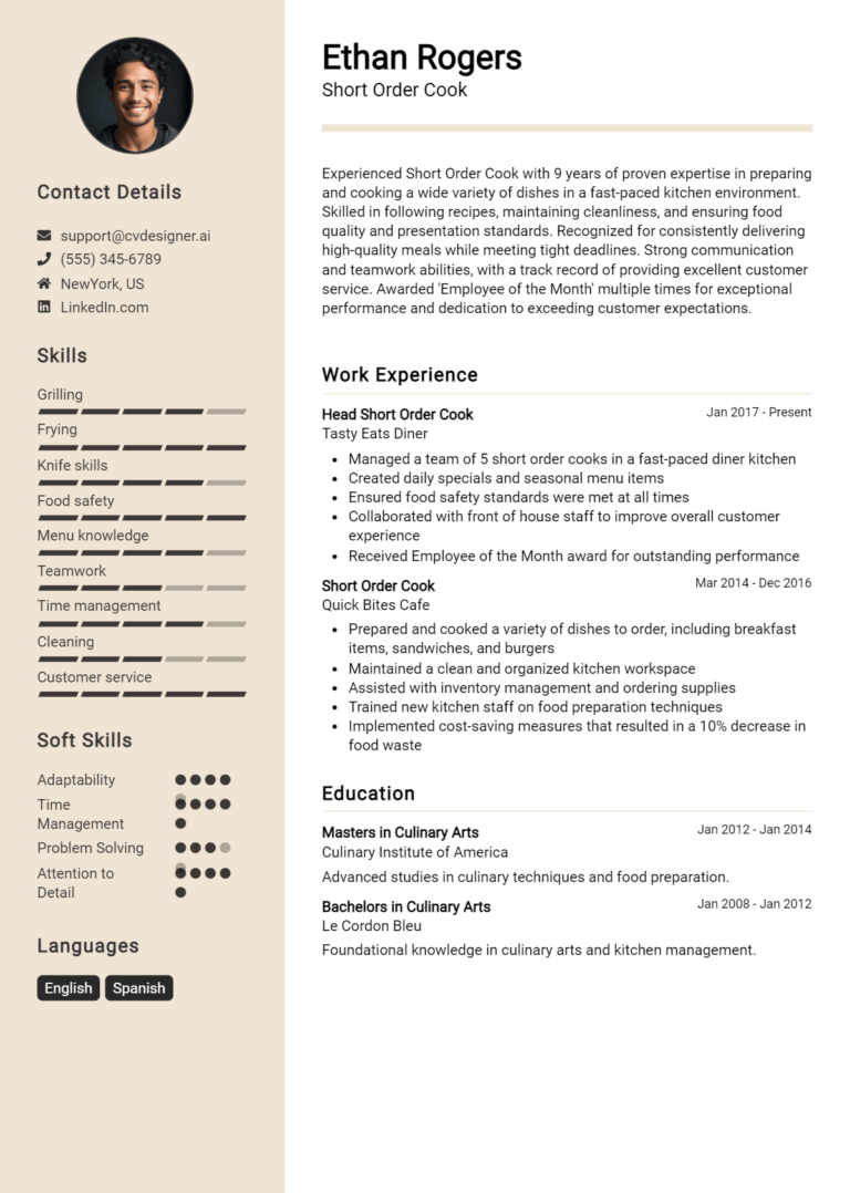 Short Order Cook Resume Example for 2025: Strategies & Templates