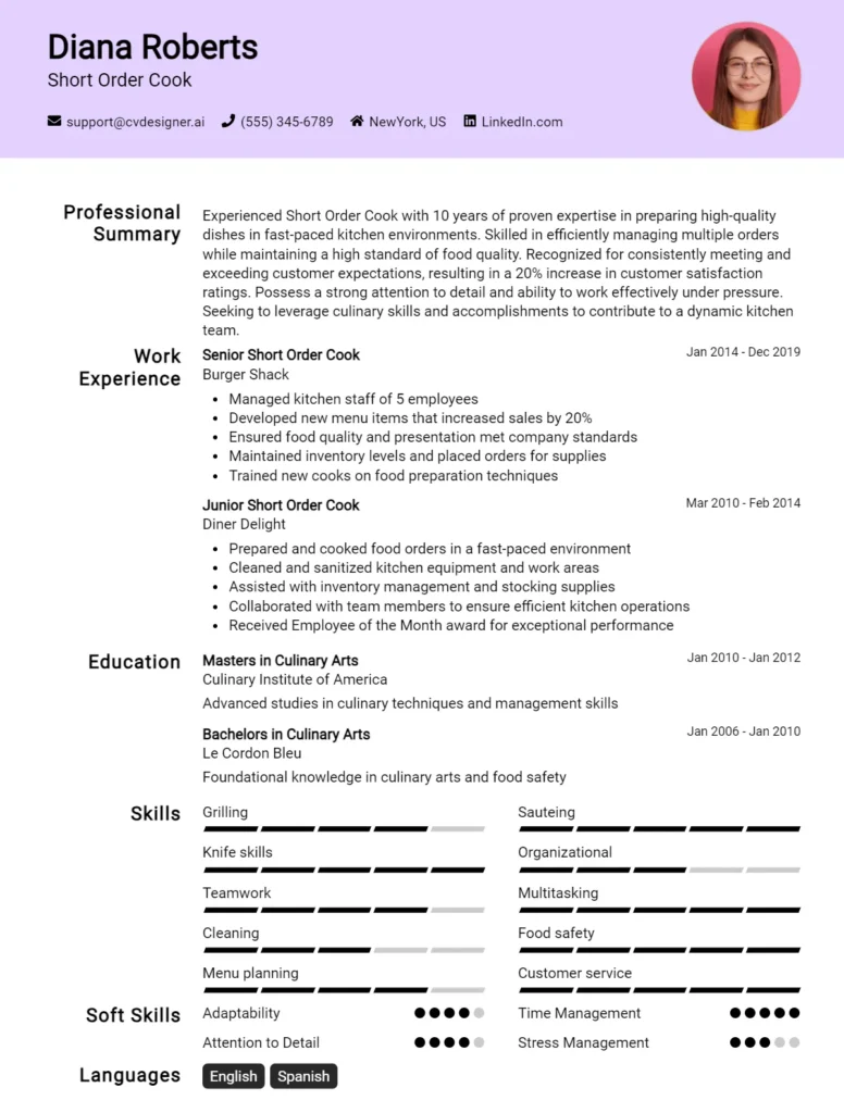 Short Order Cook CV Example