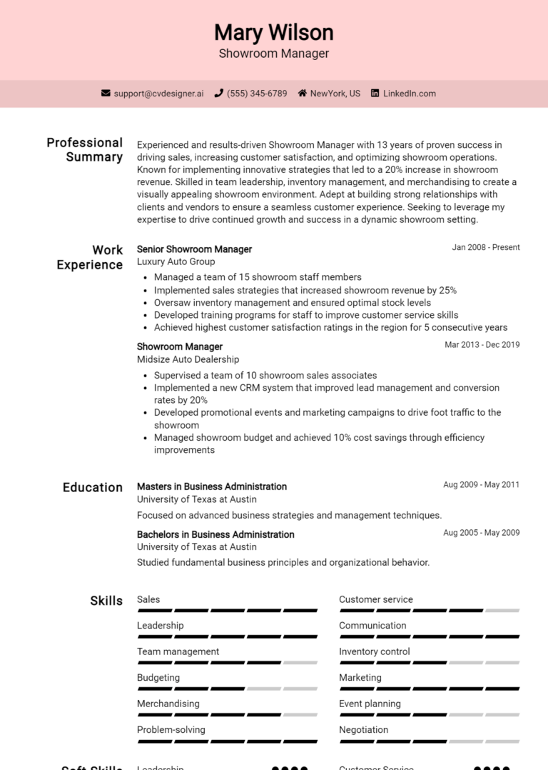 Showroom Manager Resume Example for 2025: Proven Tips & Templates