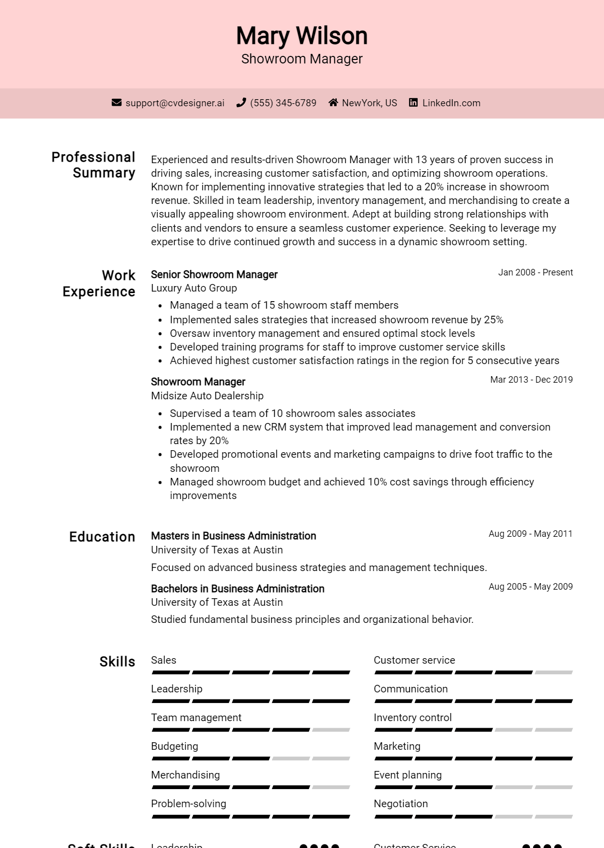 Showroom Manager Resume Example