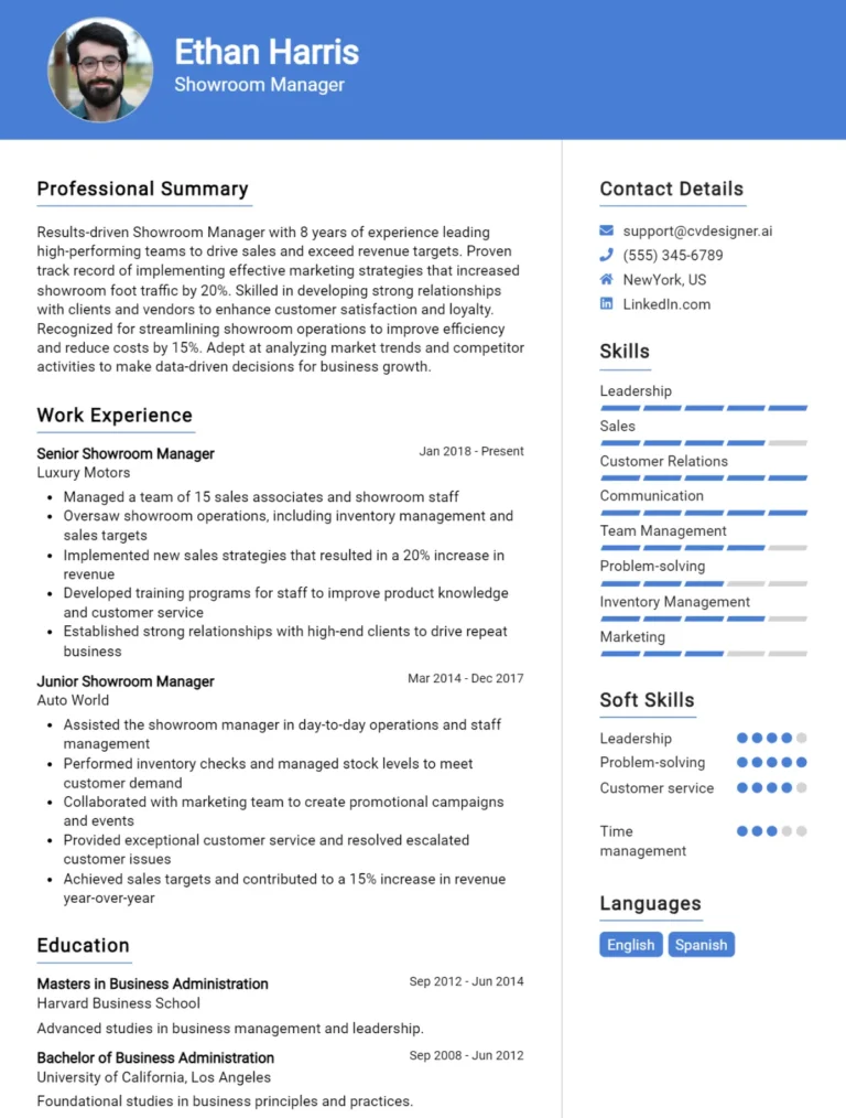 Showroom Manager CV Example For 2025: Expert Tips & Templates