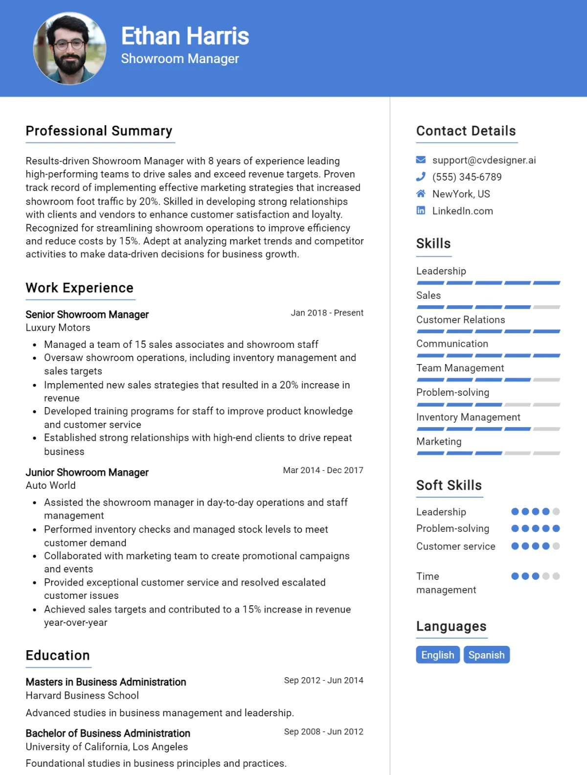 Showroom Manager CV Example