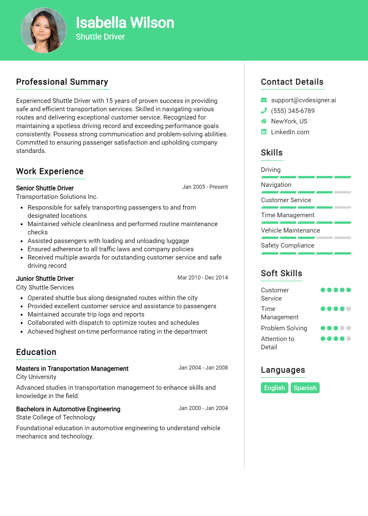 Shuttle Driver Resume Example