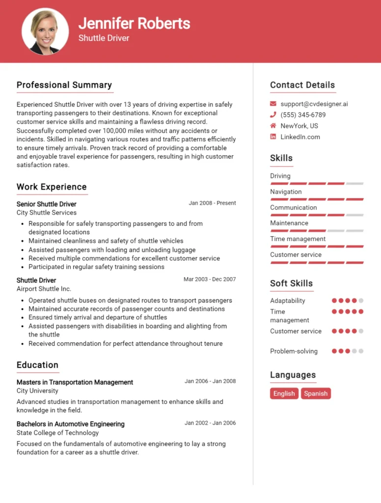 Shuttle Driver CV Example