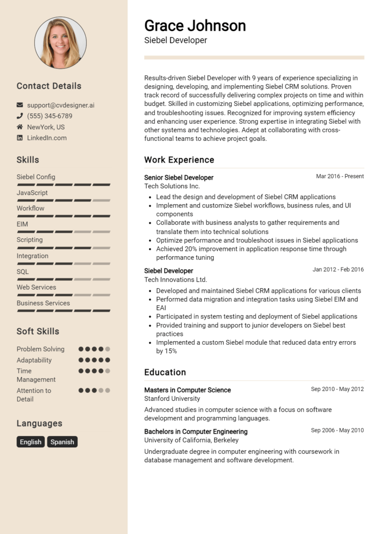 Siebel Developer Resume Example for 2025: Free Templates