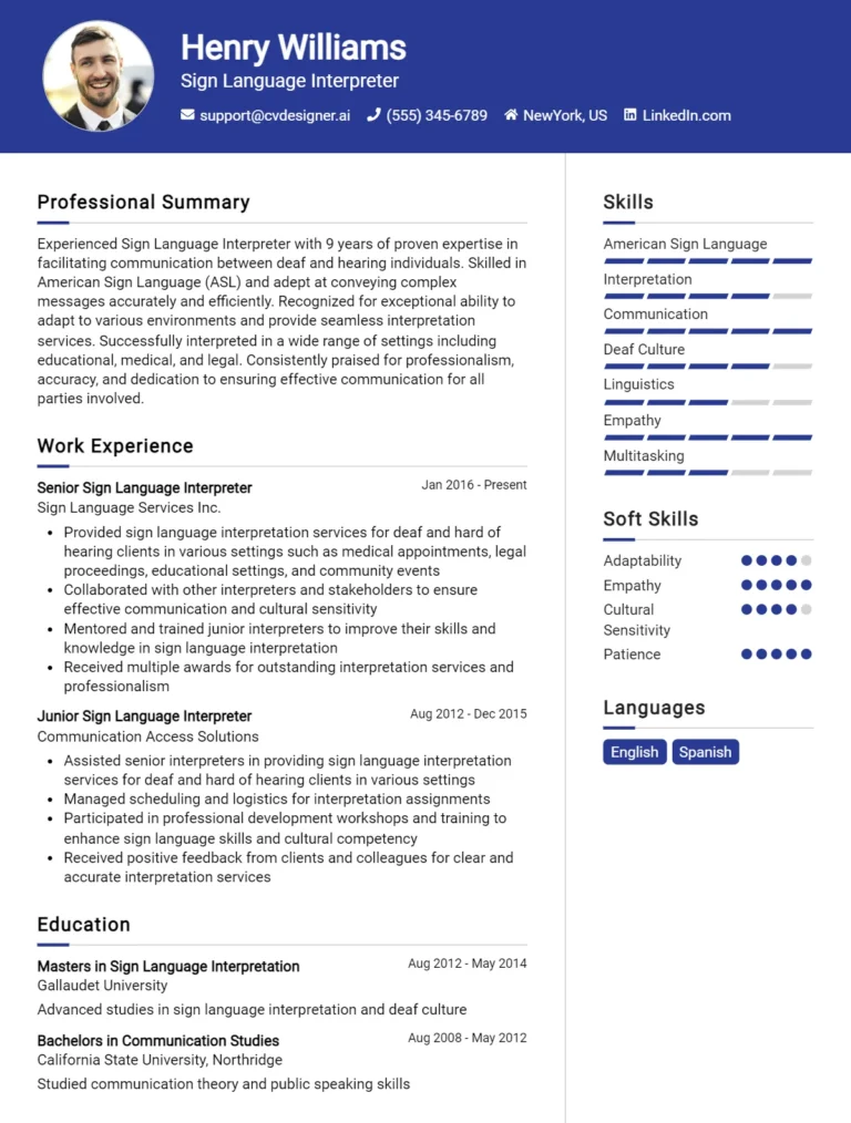 Sign Language Interpreter CV Example For 2025: Professional CV Templates