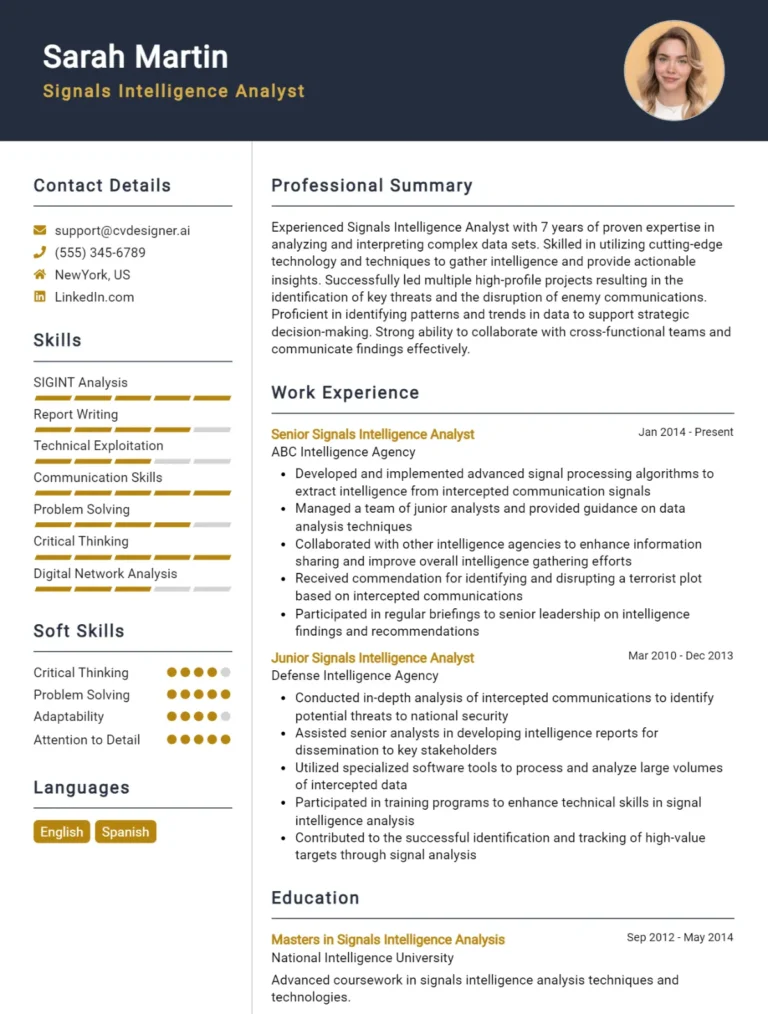 Signals Intelligence Analyst CV Example For 2025: Top Tips & Samples