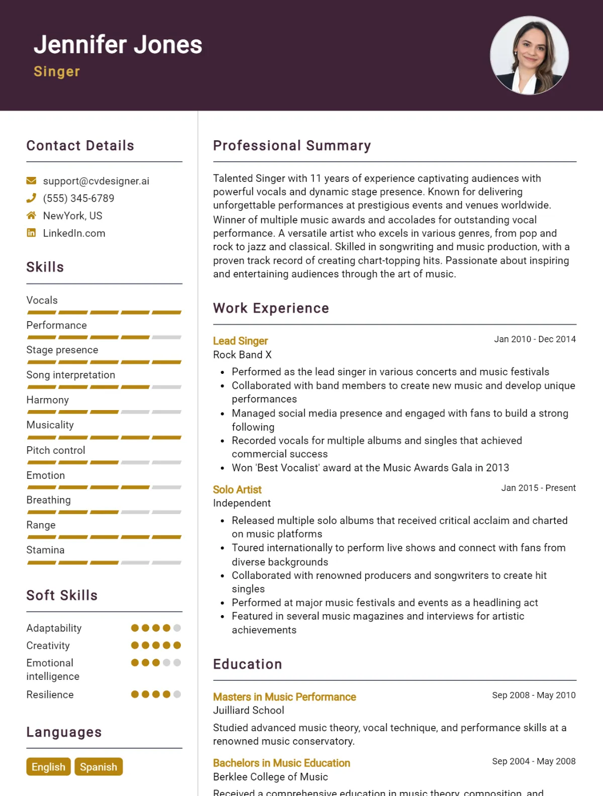 Singer CV Example
