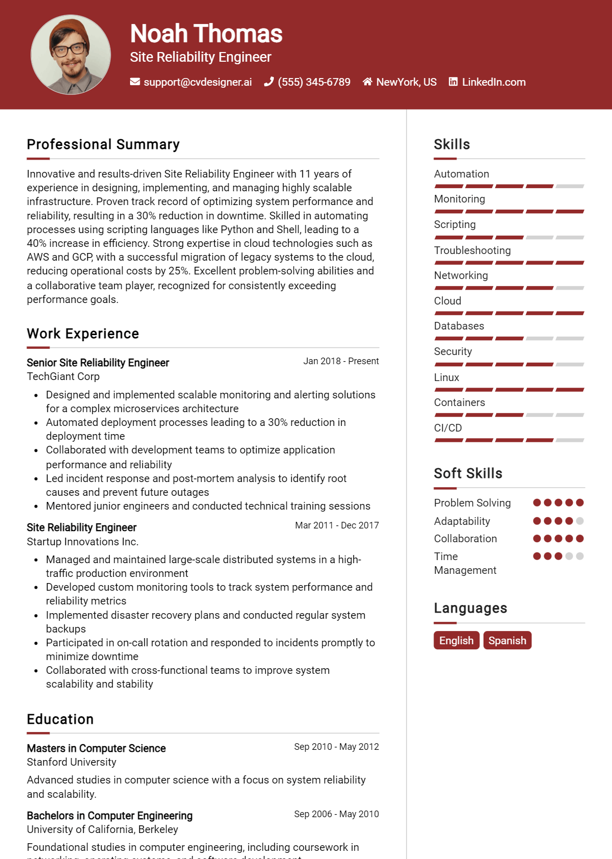Site Reliability Engineer Resume Example