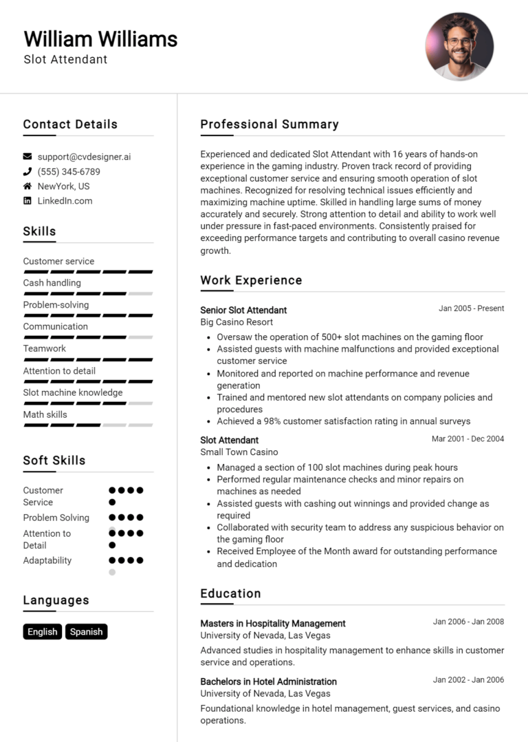 Slot Attendant Resume Example for 2025: Professional CV Templates