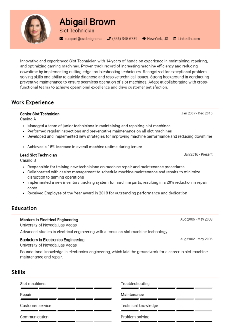 Slot Technician Resume Example for 2025: How to Create a Professional CV