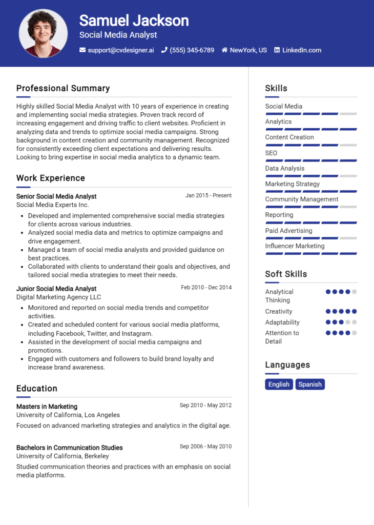 Social Media Analyst Resume Example