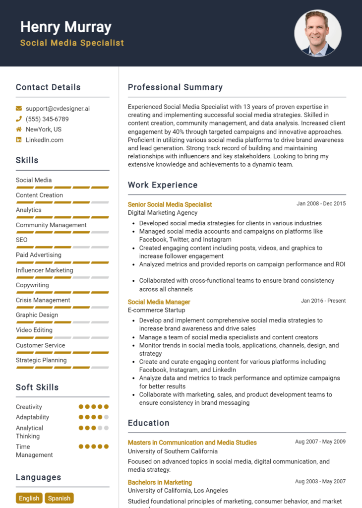 Social Media Specialist Resume Example