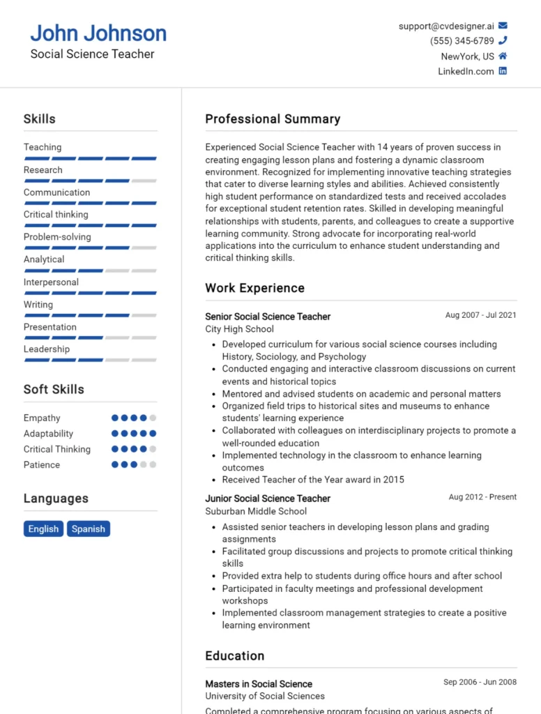 Social Science Teacher CV Example