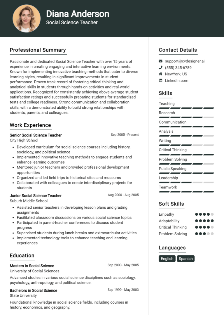 Social Science Teacher Resume Example for 2025: Best Tips & Templates