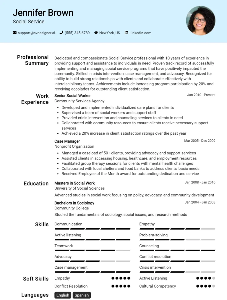 Social Service CV Example For 2025: Professional CV Templates