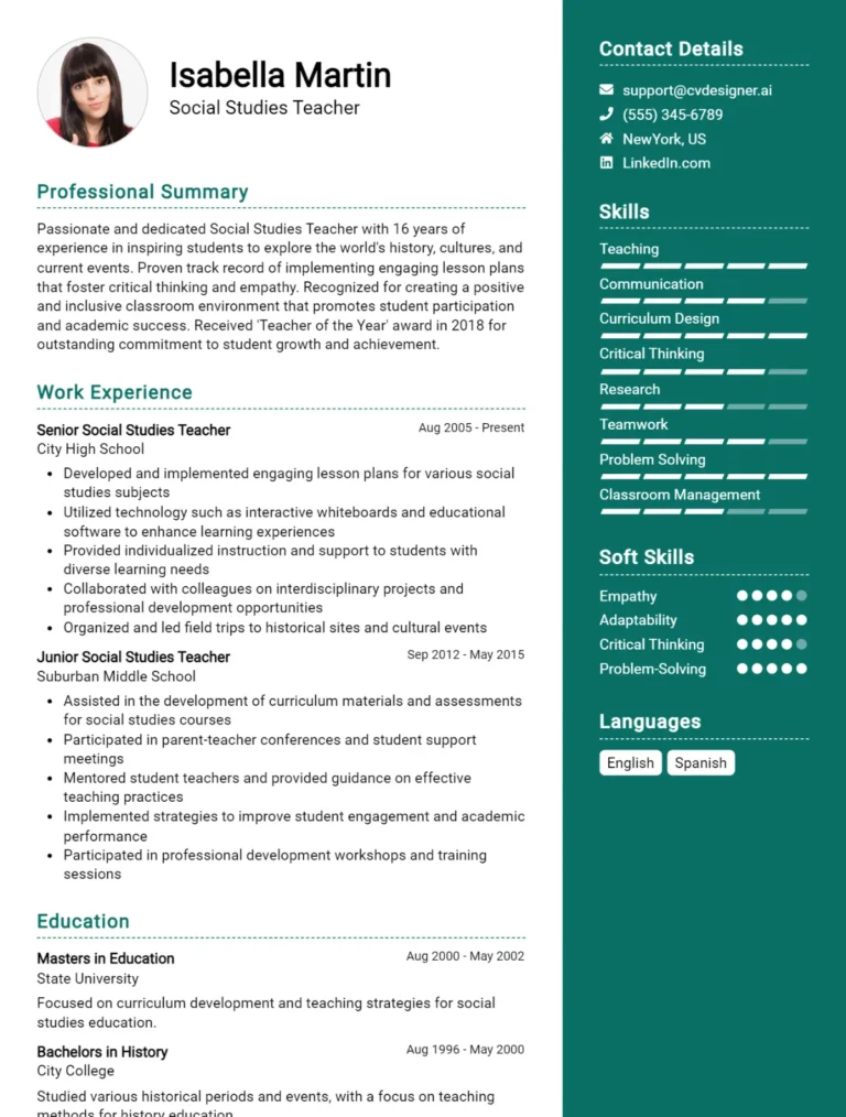 Social Studies Teacher CV Example For 2025: Best Writing Guide