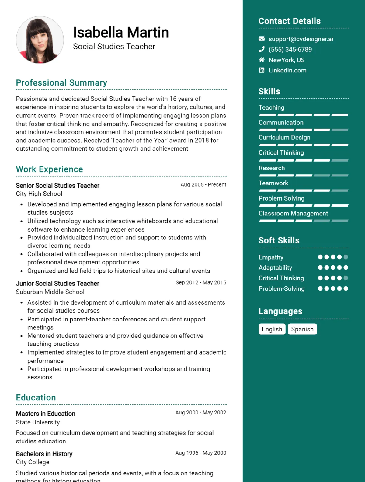 Social Studies Teacher CV Example