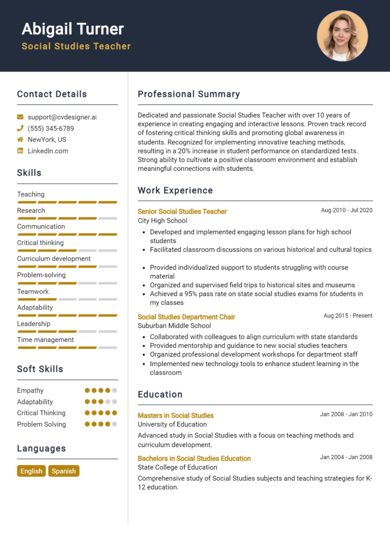 Social Studies Teacher Resume Example for 2025: Samples & Best Practices