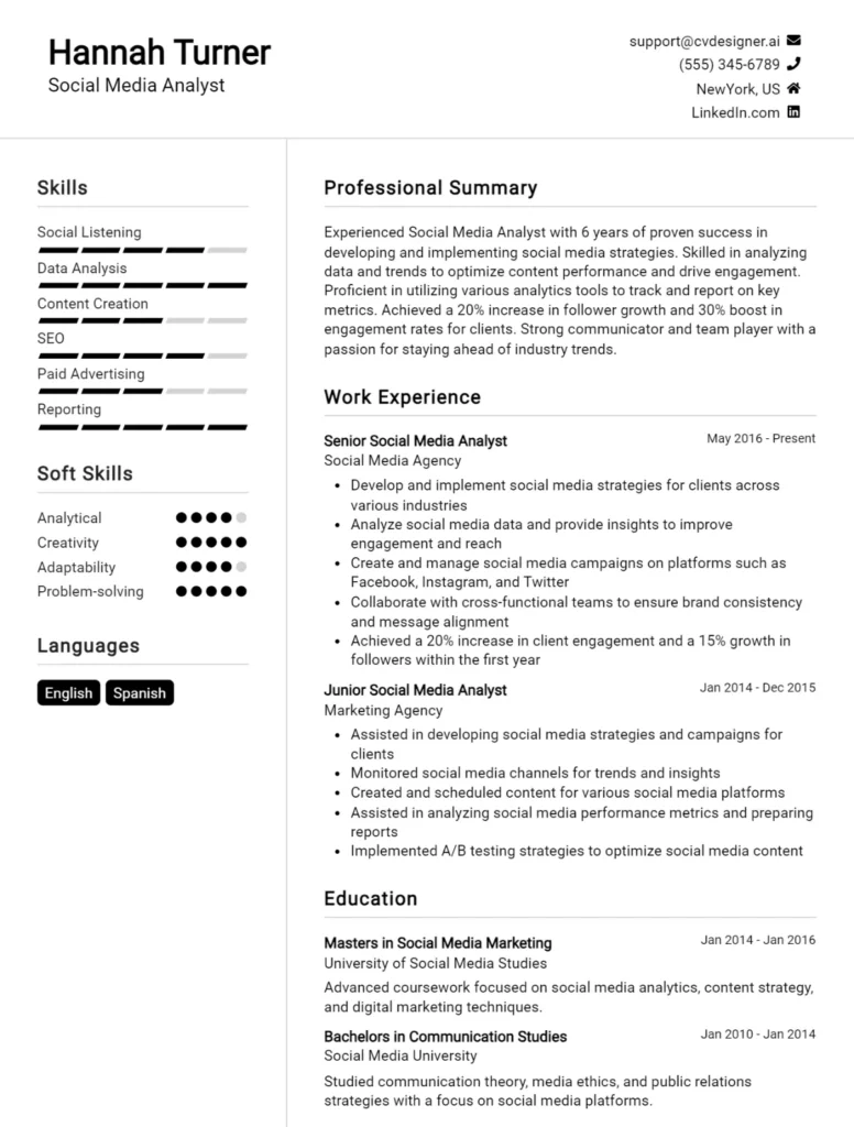 Social Media Analyst CV Example