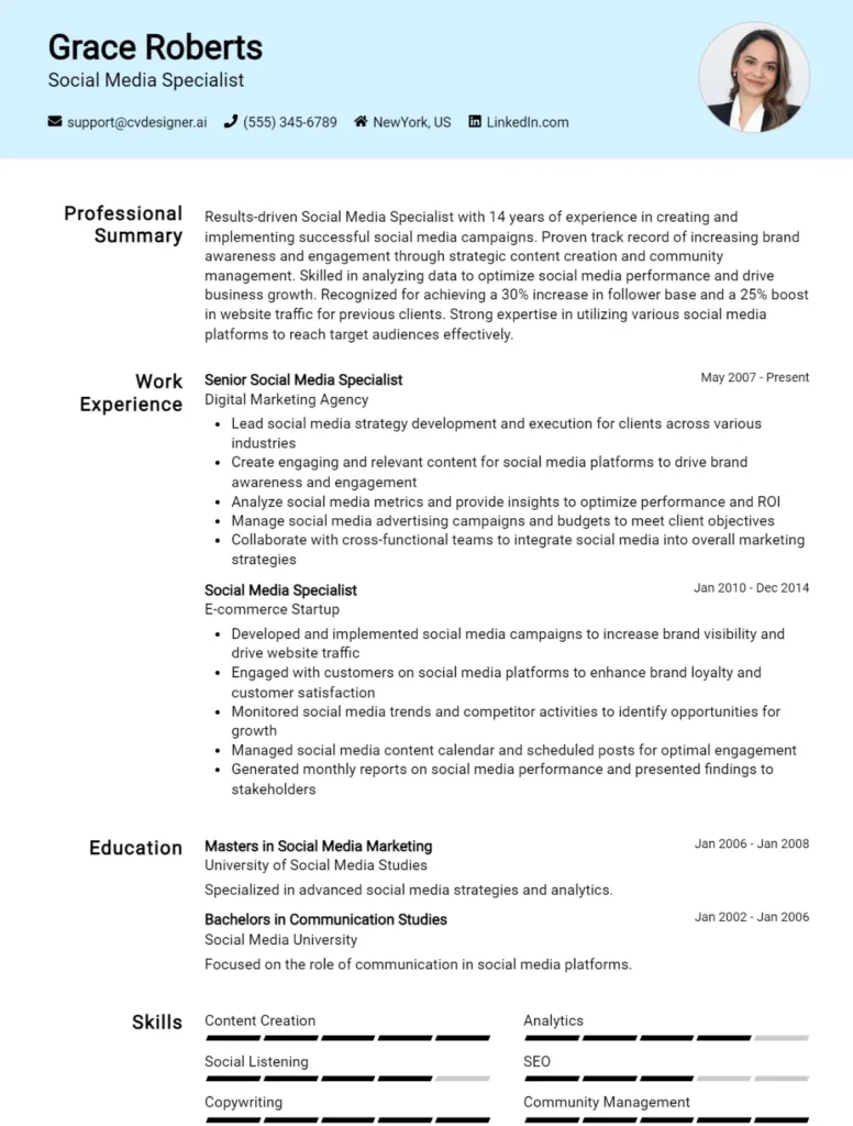 Social Media Specialist CV Example