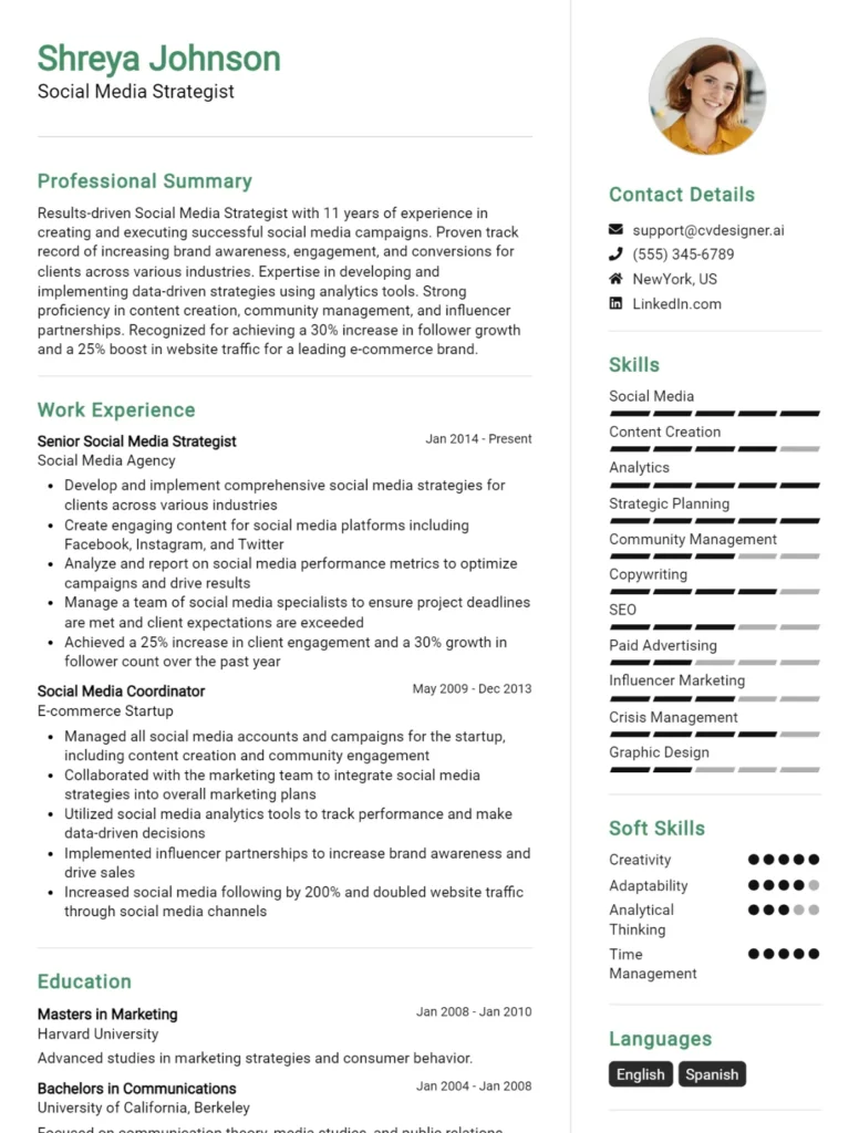 Social Media Strategist CV Example