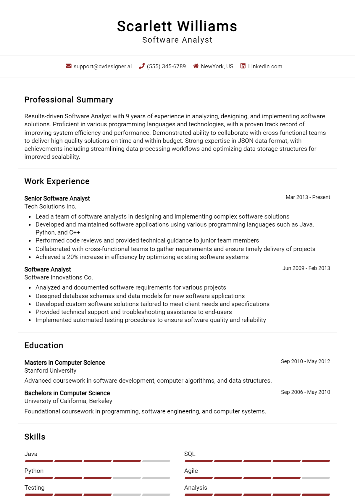 Software Analyst Resume Example for 2024: Free Samples - CVDesigner.ai