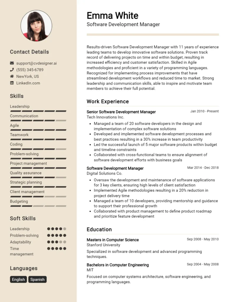 Software Development Manager CV Example