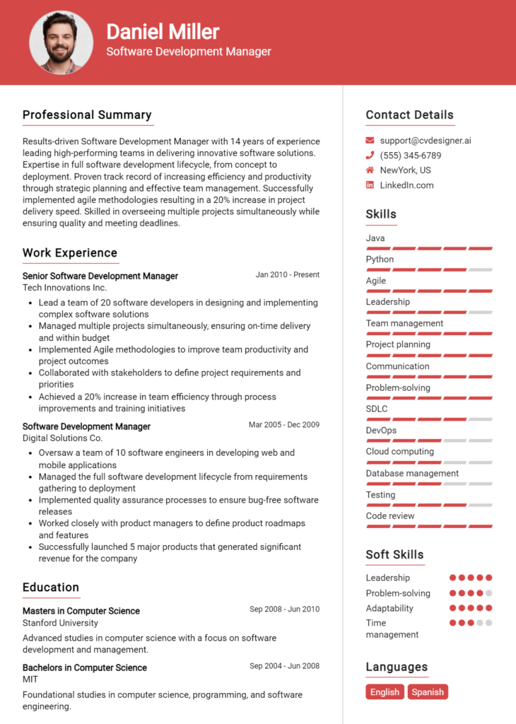Software Development Manager Resume Example
