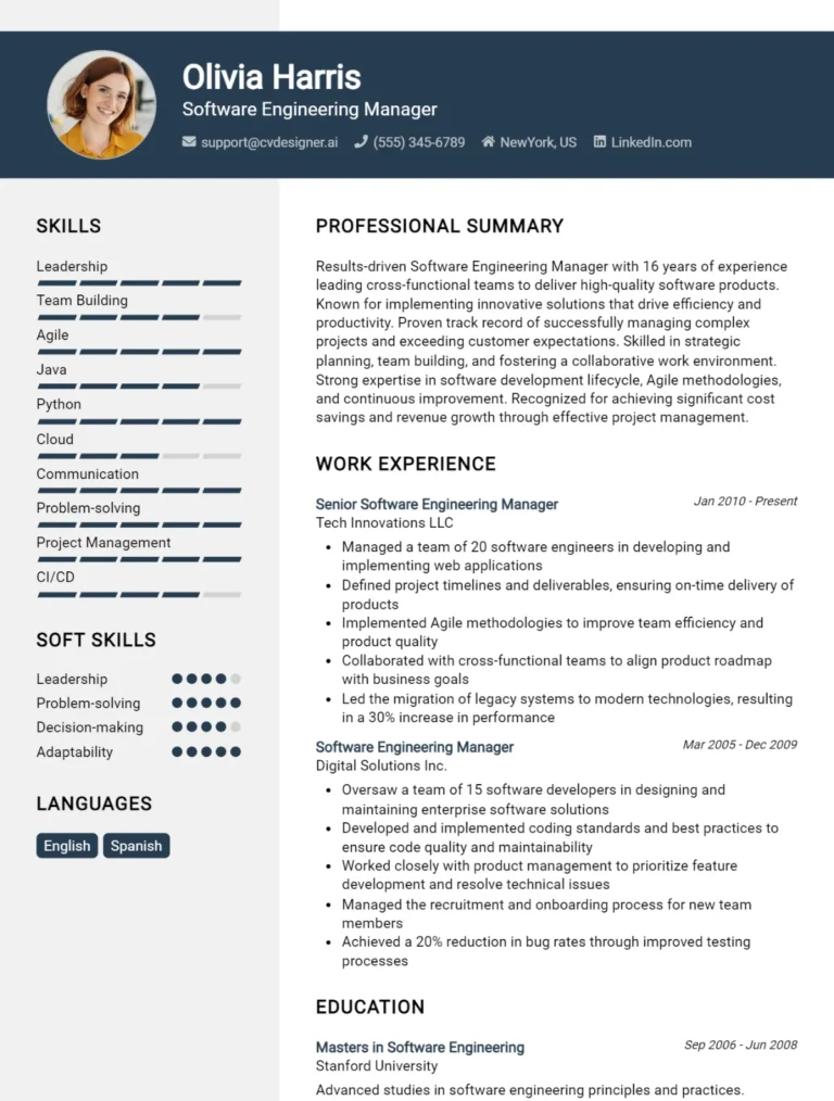 Software Engineering Manager CV Example For 2025: How to Create a Professional CV