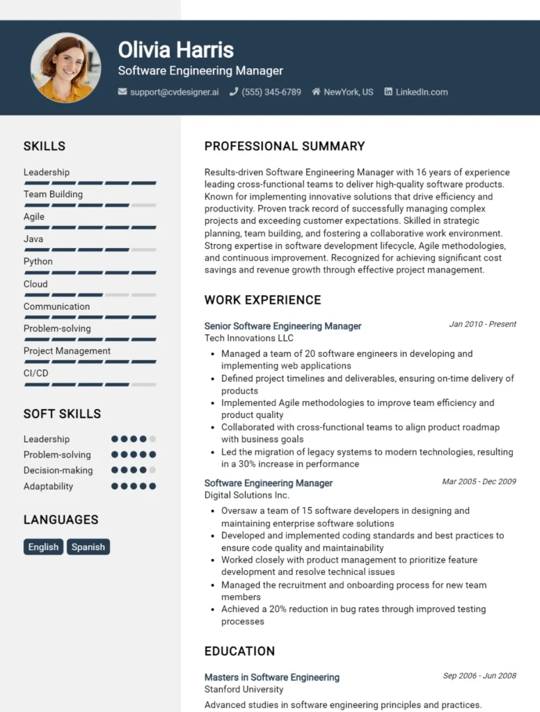 Software Engineering Manager CV Example