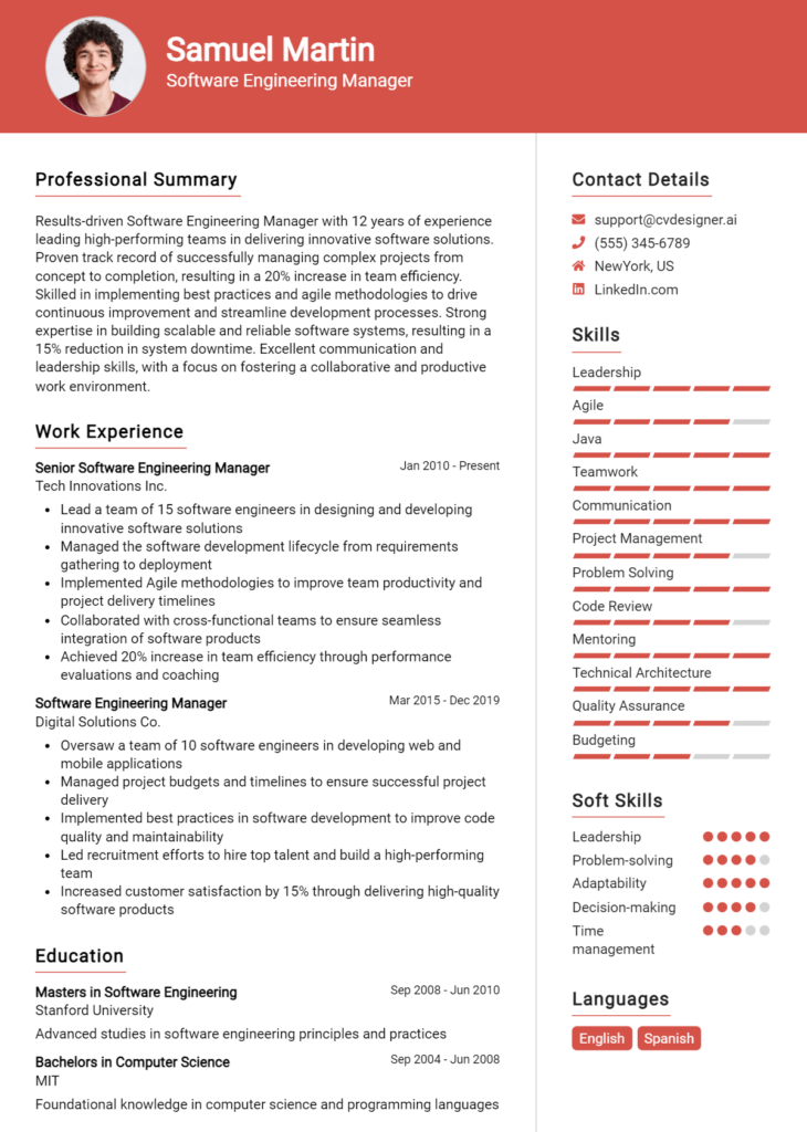 Software Engineering Manager Resume Example
