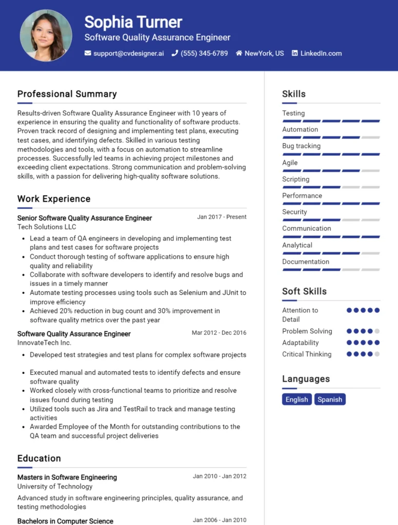 Software Quality Assurance Engineer CV Example