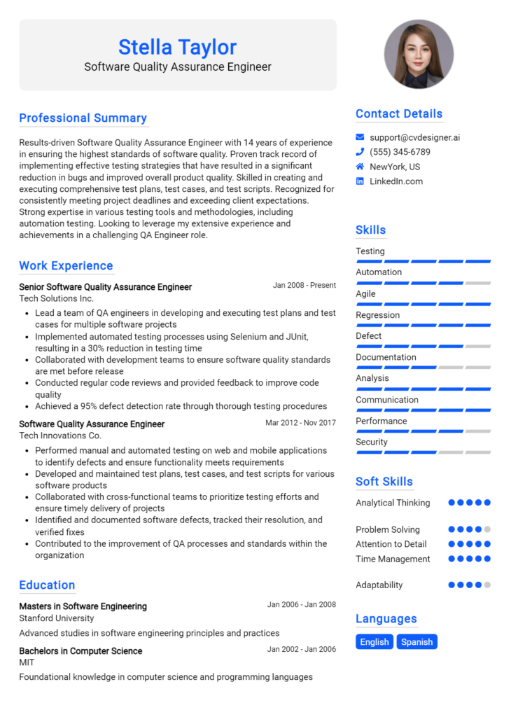 Software Quality Assurance Engineer Resume Example