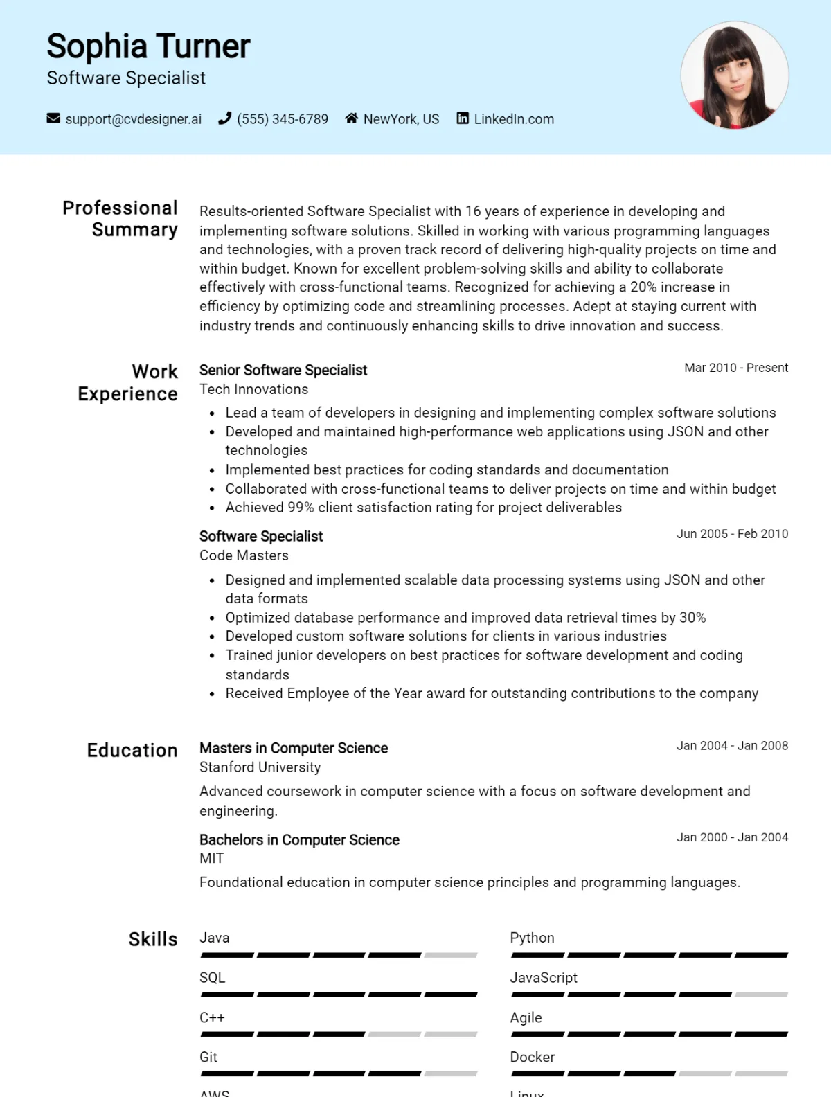 Software Specialist CV Example