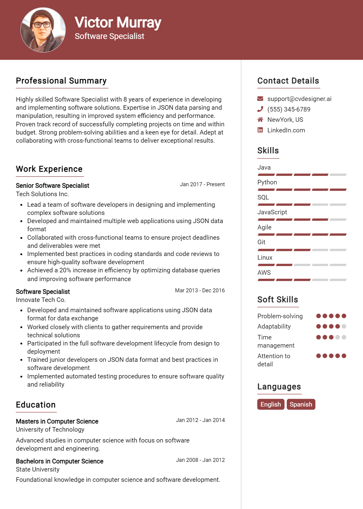 Software Specialist Resume Example