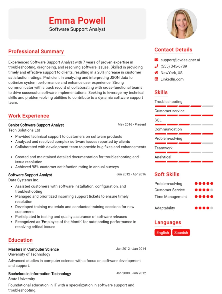 Software Support Analyst CV Example