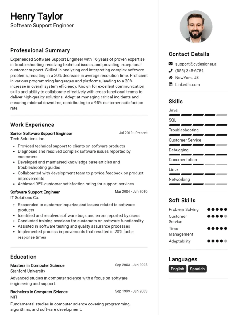 Software Support Engineer CV Example