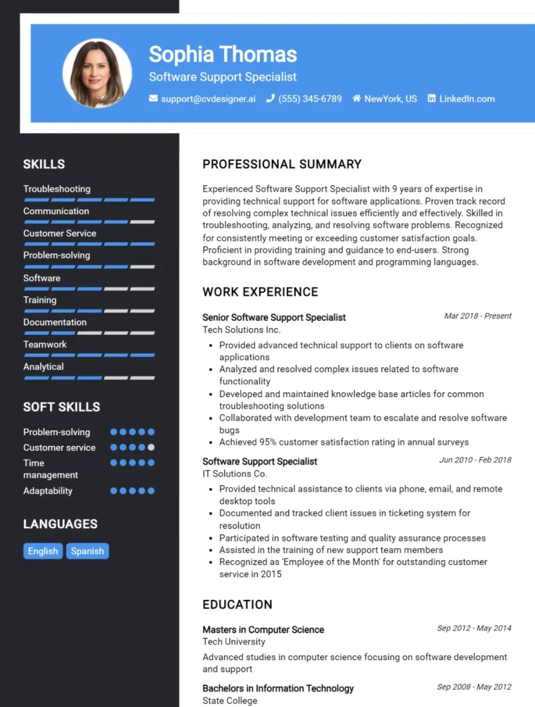 Software Support Specialist CV Example