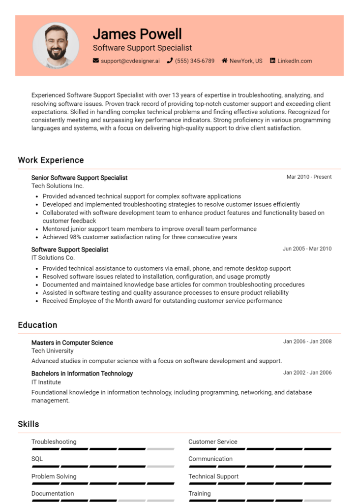 Software Support Specialist Resume Example
